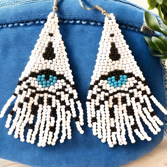 Evil Eye Seed Bead Fringe Earrings: Boho Dangle Earrings Handcrafted White Blue - Picture 13 of 17